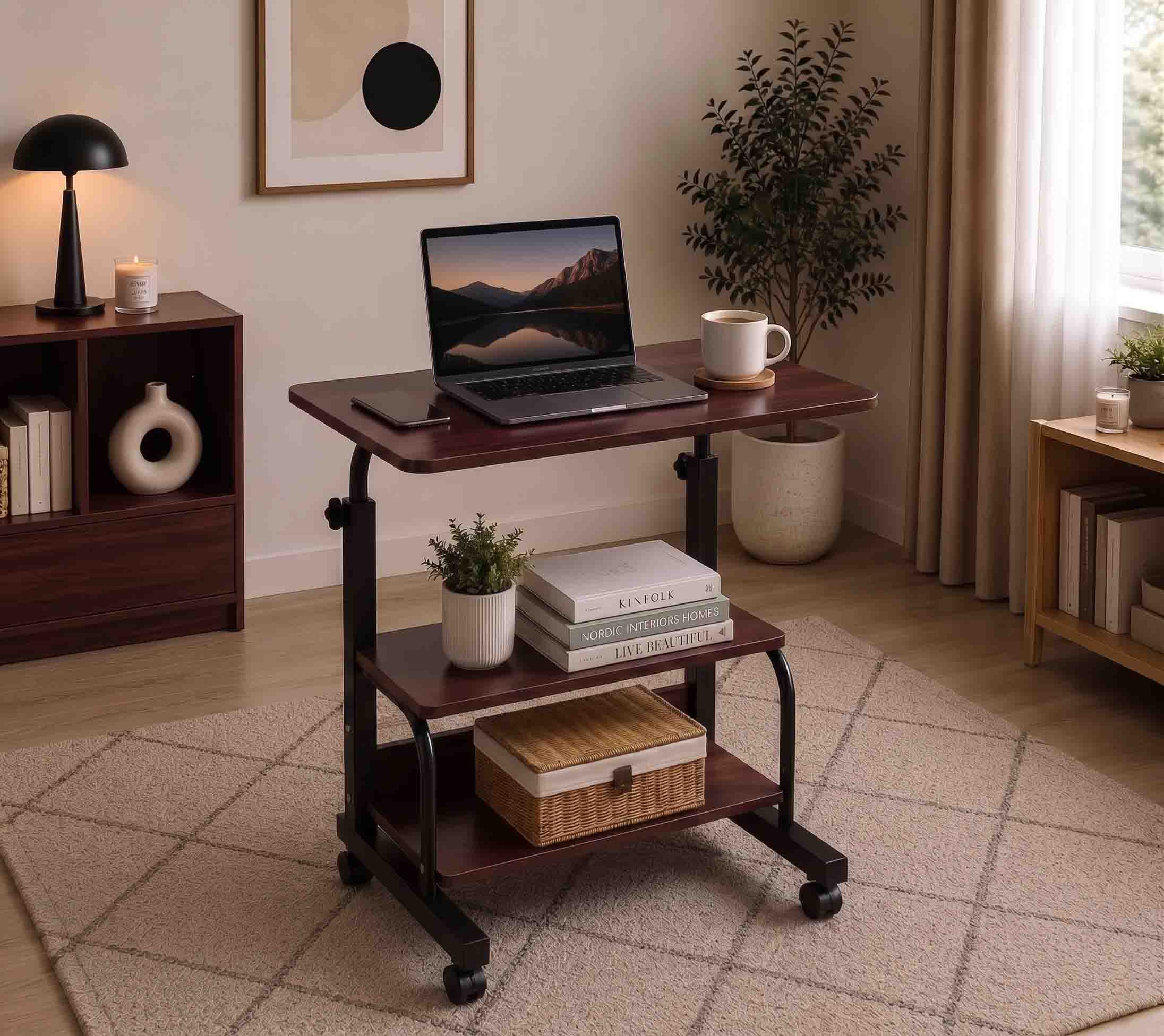 Double Layer Adjustable Table Brown With Black Stand